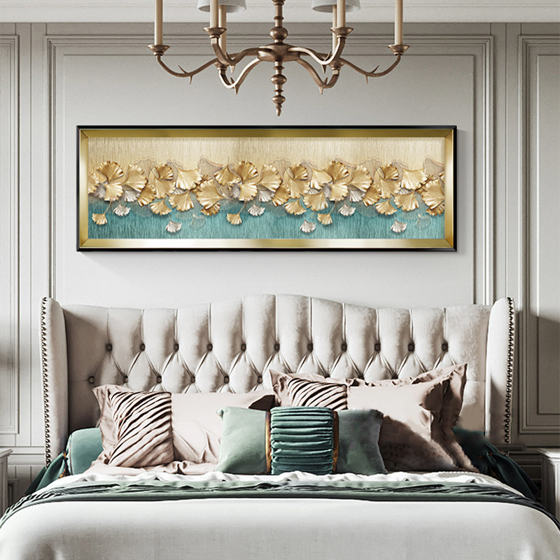 美式轻奢卧室装饰画欧式主卧床头背景墙挂画银杏叶招财壁画一整幅