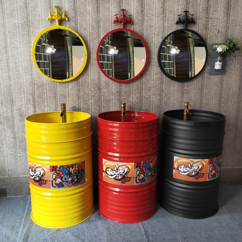 复古工业风油桶圆形洗手台酒吧创意个性落地式一体组合立柱洗手盆