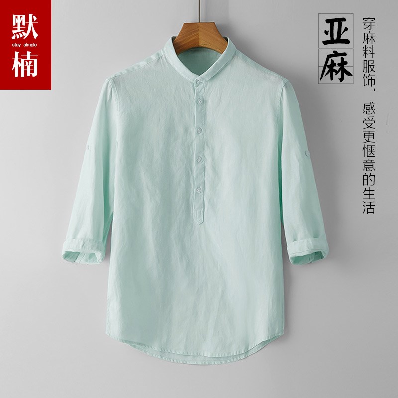 基础小翻领七分中袖亚麻衬衫男士套头大码休闲宽松棉麻料衬衣服潮