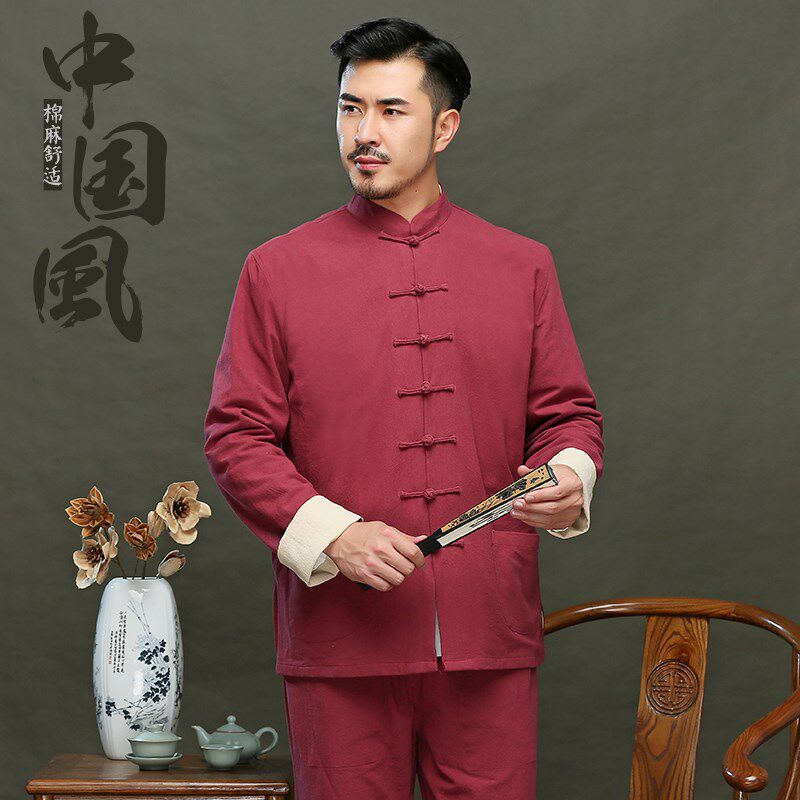 唐装男中老年棉麻三件套亚麻汉服中山装中式中国风男装青年外套秋