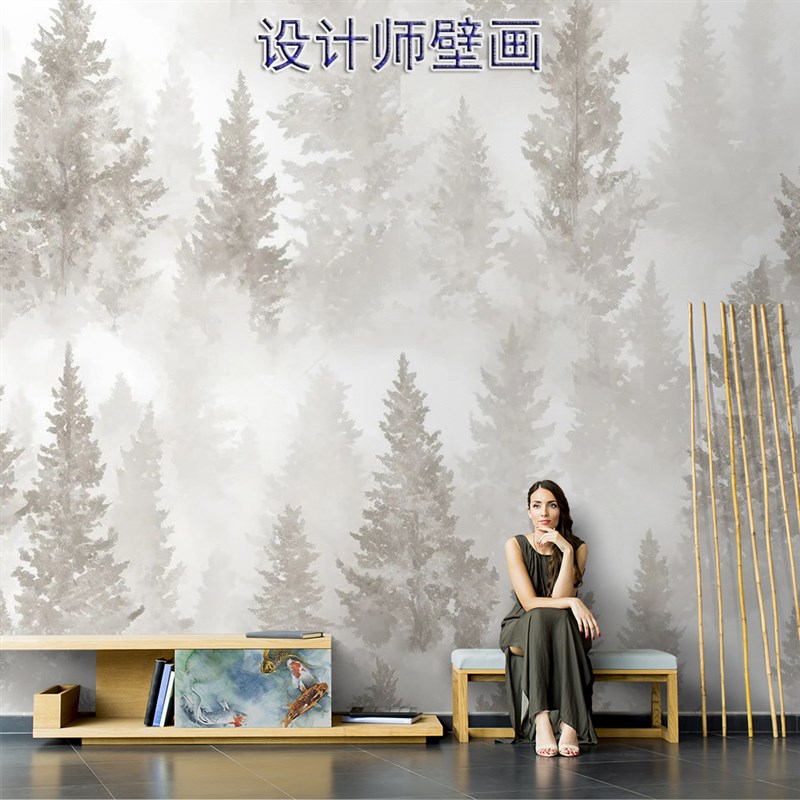 北欧式手绘树林墙纸客厅卧室简约墙布电I视背景墙壁纸沙发餐厅壁