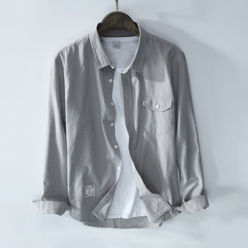 日系复古长袖纯棉衬衫男士休闲宽松青年简约薄款文艺百搭透气衬衣