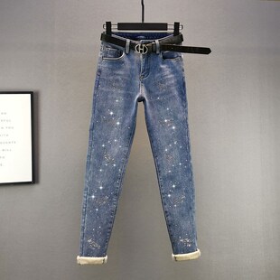 蓝色加绒加厚牛仔裤女23冬季新款弹力修身高腰显瘦欧货烫钻小脚裤