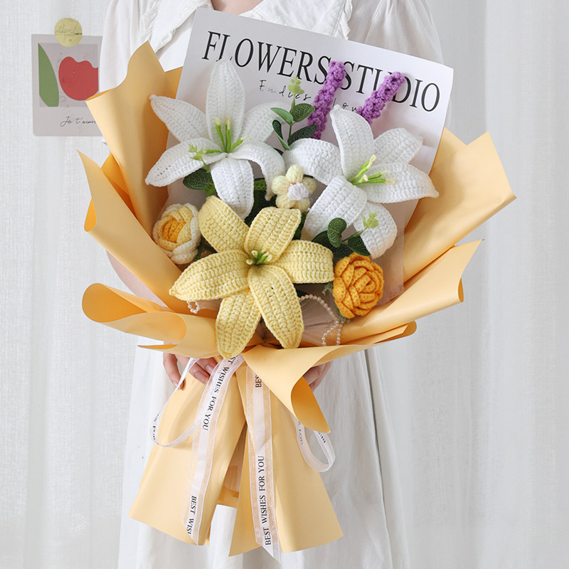 DIY手工针织毛线百合花英文包装纸钩针工具材料包套装教师节礼物