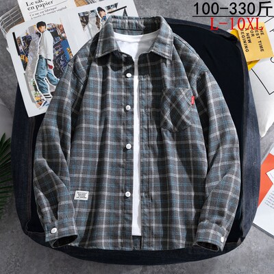 春秋季衬衫男士长袖上衣外套潮胖子加肥加大码宽松格子衬衣300斤