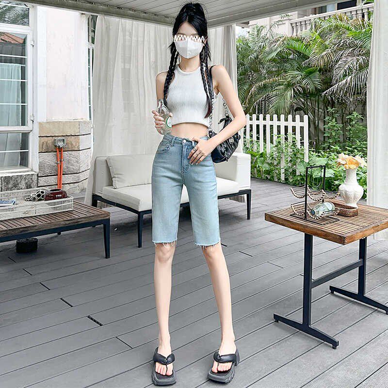 浅蓝色五分牛仔短裤女夏薄款2025新款高腰显瘦百搭弹力中裤骑行裤