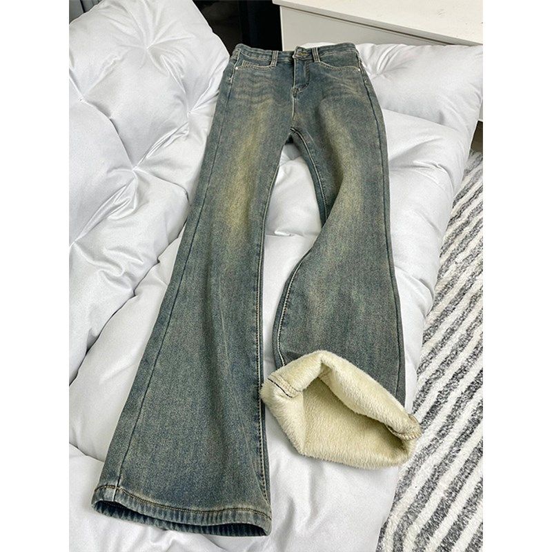 2-300斤胖mm大码加绒加厚微喇牛仔裤女秋冬新款高腰显瘦弹力裤子