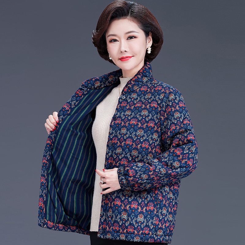 妈妈秋冬装夹棉外套碎花小棉袄中老年女纯棉洋气上衣短款奶奶棉服