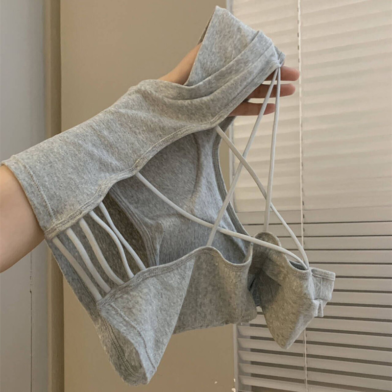 灰色吊带背心女夏外穿设计感小众修身短款辣妹美背带胸垫内搭上衣