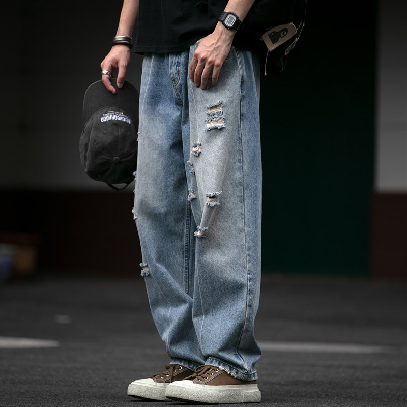 美式复古水洗分割线设计破洞牛仔裤男宽松直筒裤街头潮流哈伦长裤