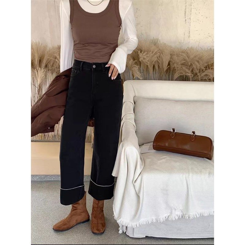 秋冬加绒黑色直筒牛仔裤女大码胖妹妹梨形身材裤子高腰宽松阔腿裤