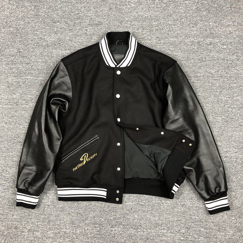 毛呢拼接牛皮袖子棒球服男宽松刺绣夹外套真皮休闲夹克短上衣加厚
