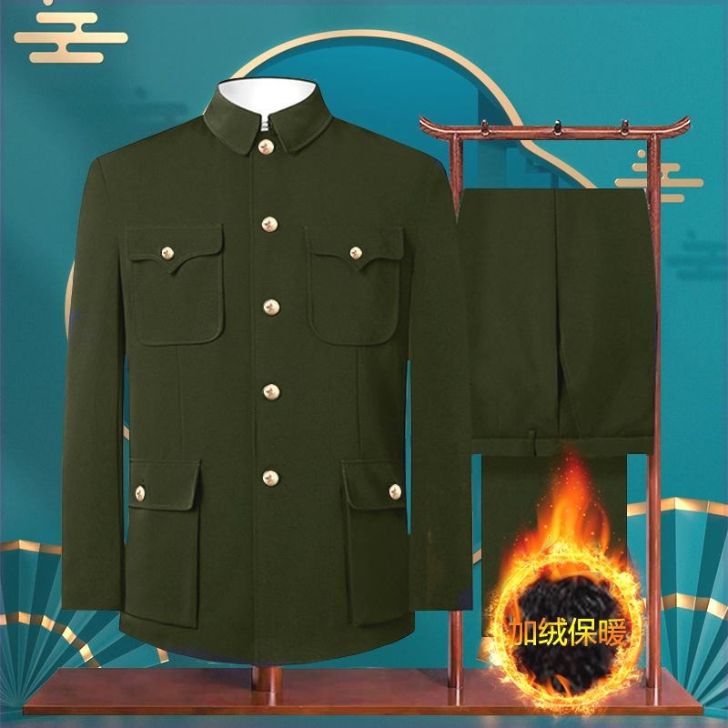 中山装套装中老年人男装秋冬上衣爷爷装爸爸装中山干服军绿色便装