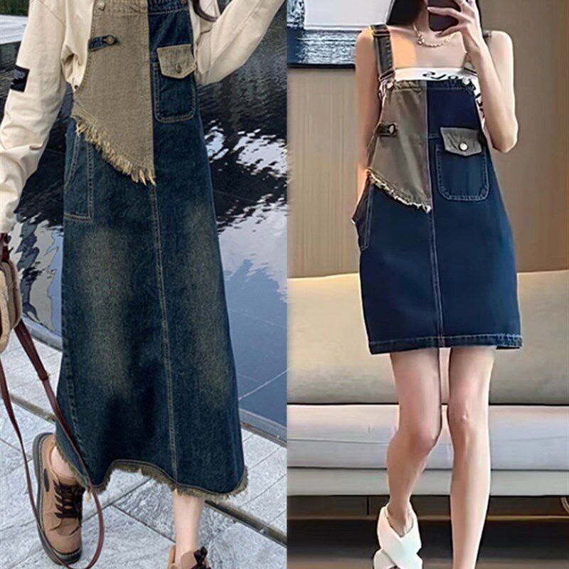 美式复古牛仔背带裙女夏季薄款小个子宽松显瘦减龄工装短裙连衣裙