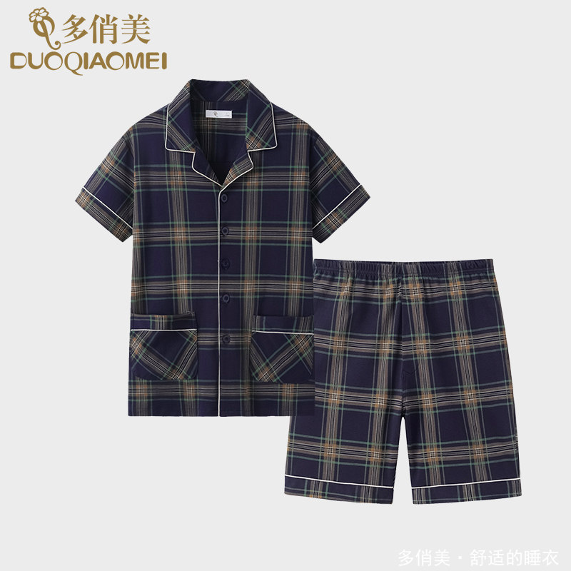 2024新款中年睡衣男士夏季薄款格子纯棉短袖短裤加大码家居服