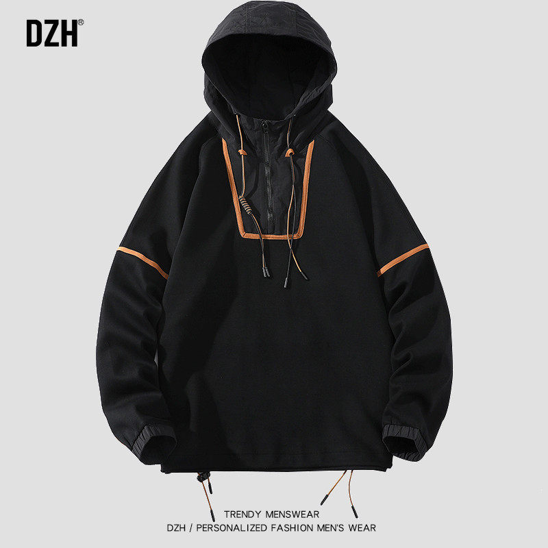 男士黑色半拉链卫衣男连帽潮牌宽松男装2023年新款外套设计感小众