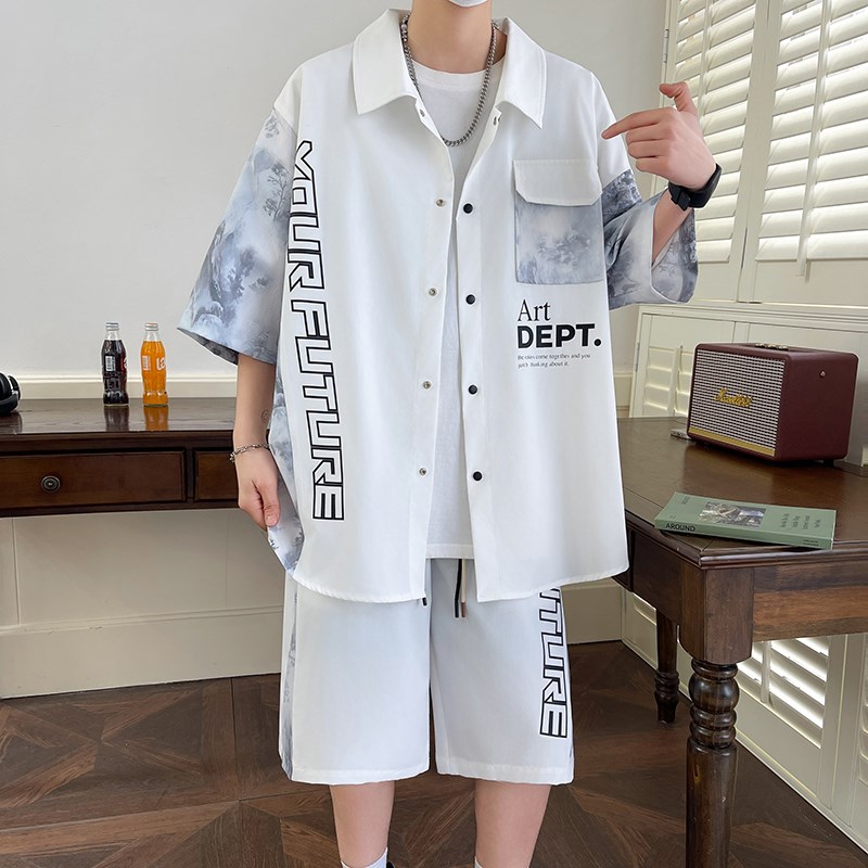 冰丝薄款衬衫套装男夏季宽松撞色短袖短裤青少年男装潮流帅气衬衣