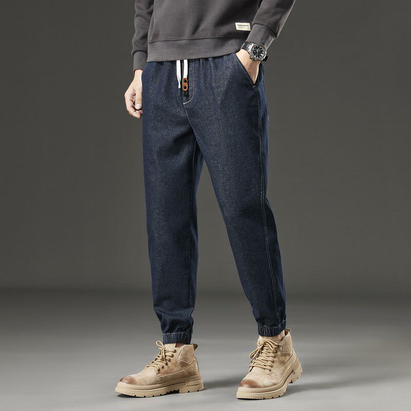 2024秋冬款松紧腰高弹力牛仔裤男抽绳束脚哈伦裤弹性长裤子潮男装