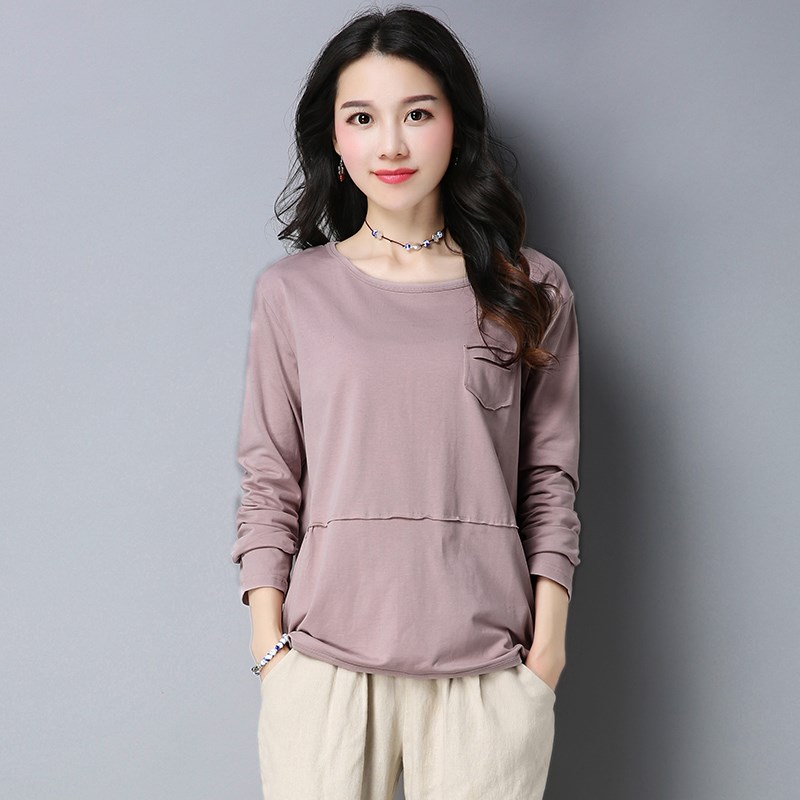 韩版纯棉长袖t恤女宽松2024春装新款妈妈圆领纯色内搭打底衫上衣