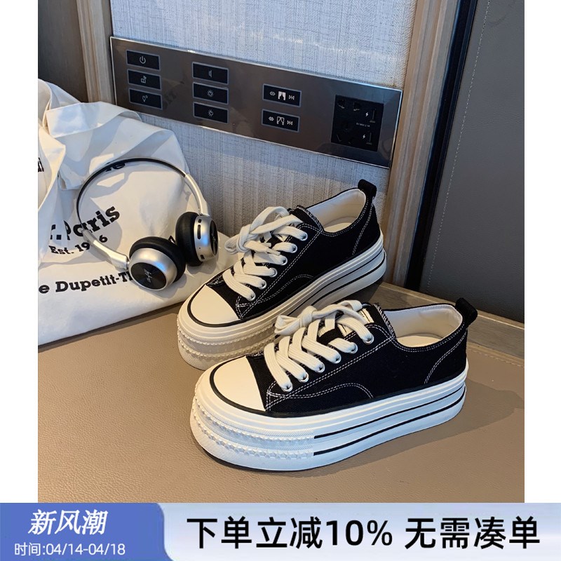 女大童黑色松糕板鞋2025春季新款青少年百搭运动鞋厚底休闲帆布鞋
