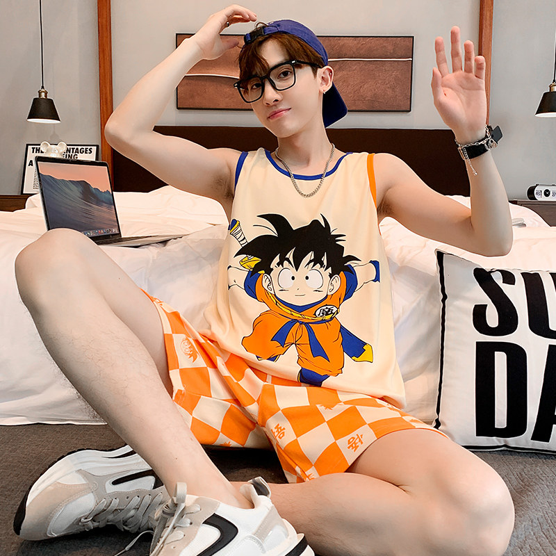 睡衣男款无袖青少年日系卡通背心夏季宽松纯棉运动外穿家居服套装