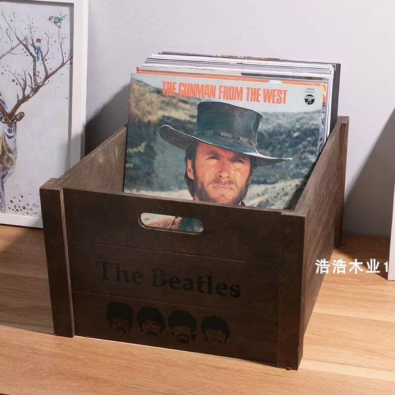 优选黑胶唱片收纳箱12寸LP木箱复古F黑胶储藏盒老唱片CD光盘整理.