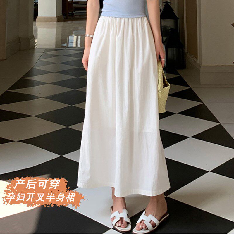 孕妇无托腹半身裙夏春秋大码w开叉长裙小个子休闲宽松a字雪纺裙夏