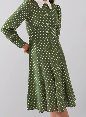 秋冬新款长袖翻领绿色波点显瘦收腰显白法式真丝连衣裙钻扣A字裙