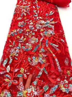 外贸大红色立体多色蕾丝花v朵网低连衣裙婚纱服装舞台演出服面料