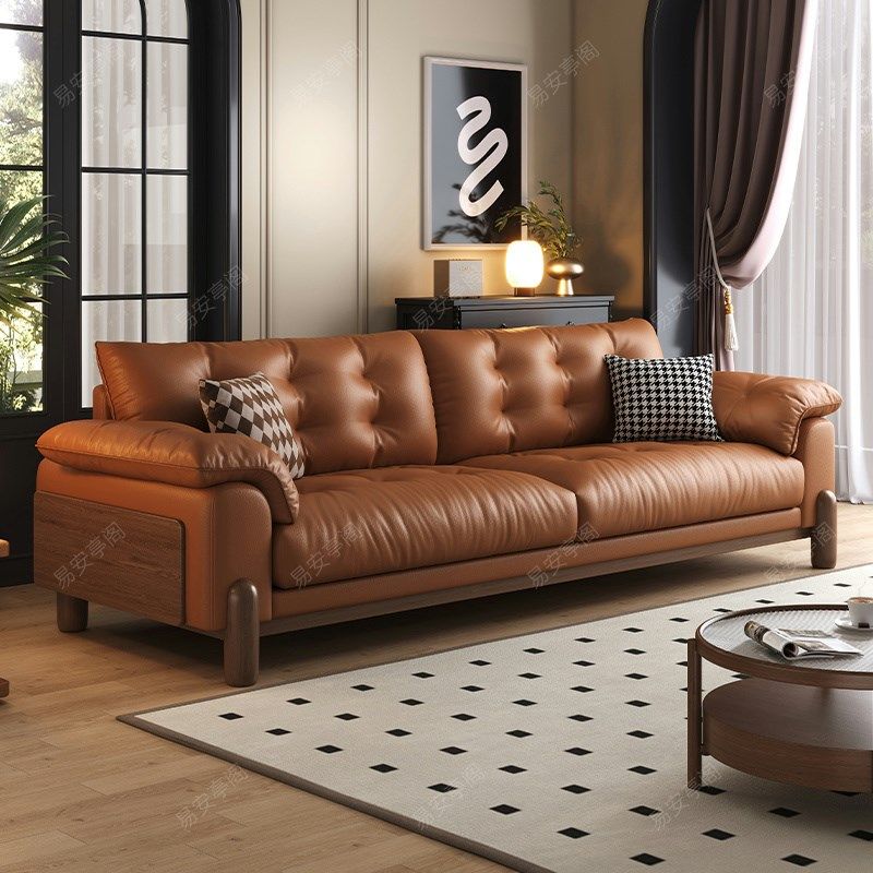 意式极简真皮沙发头层牛皮客厅复古橙色直排三人大象耳朵高脚沙发,住宅家具,皮艺沙发,淘宝优惠券,粉丝福利购,淘宝优惠卷