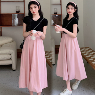 孕妇夏季连衣裙中长款2025修身显瘦孕妇装拼N接收腰洋气小清新裙