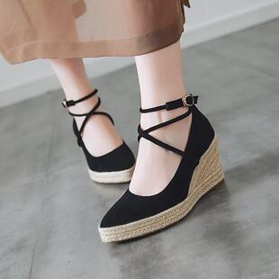 春季新款大码f女鞋浅口尖头高跟鞋绑带草编厚底坡跟单鞋女工作鞋