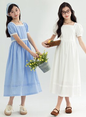 大女童连衣裙夏季高级感长款大童女孩洋气法式方领白色公主长裙子