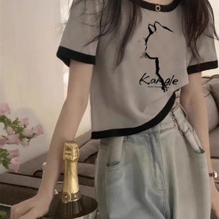 灰色纯棉正肩短袖T恤女s夏季爆款修身时尚猫咪印花短款小衫上衣t