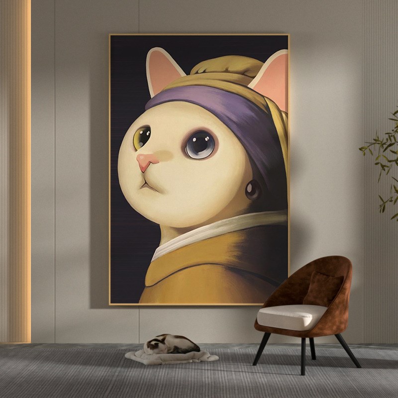 现代轻奢客厅玄关装饰画r戴珍珠耳环的少女动物猫背景墙壁竖版挂图片