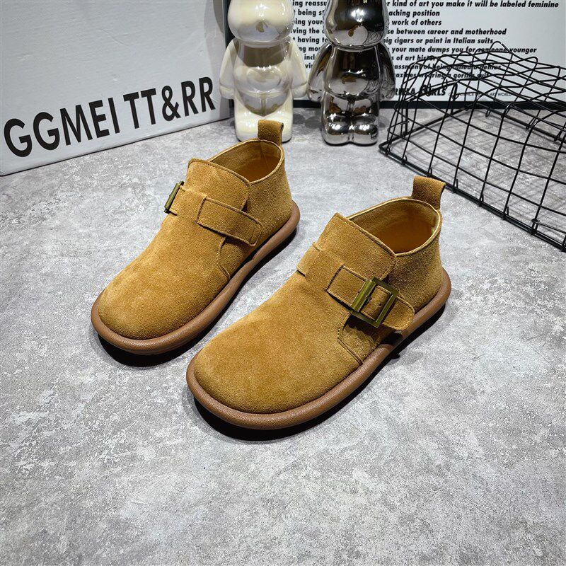 马丁靴女秋冬真皮高帮休闲女鞋百搭平底短筒翻毛皮娃娃圆头女单鞋