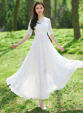 v领2021新款时尚气质白色蕾丝长裙长款大摆雪纺连衣裙法式