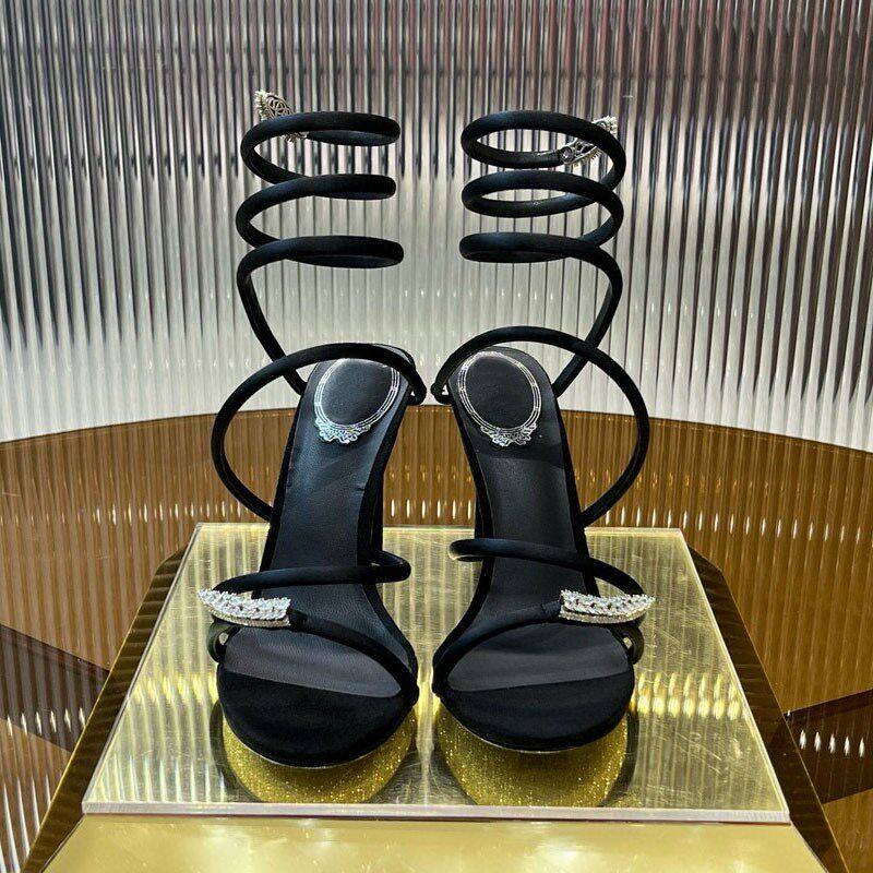 高端女凉鞋女夏季外穿时尚2024新款高级感黑色露趾蛇形缠绕高跟鞋