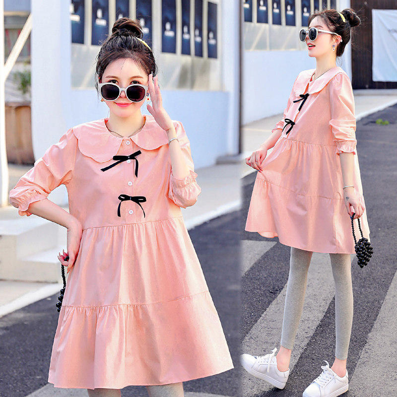 孕妇装春装2025时尚套装v宽松上衣中长款大码春秋款长袖连衣裙子