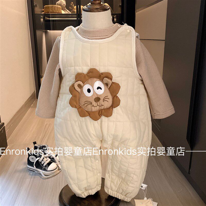 婴儿冬季加绒外出服男女宝宝连体衣可爱夹棉背带裤条纹卫衣套装潮