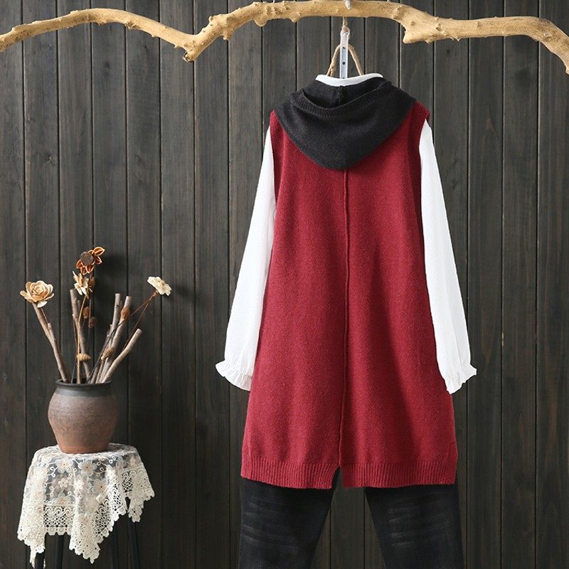 春秋大码文艺范连帽中长款无袖针织衫马甲女式套头宽松马夹背心裙