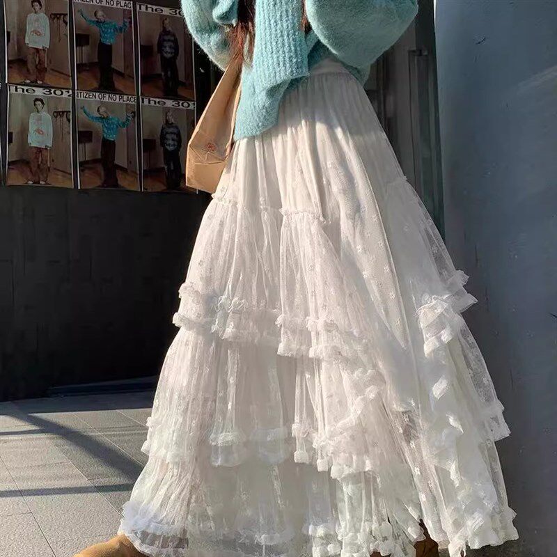 白色蕾丝蛋糕裙女2025春夏新款a字小个子公主蓬蓬半身裙胖mm纱裙