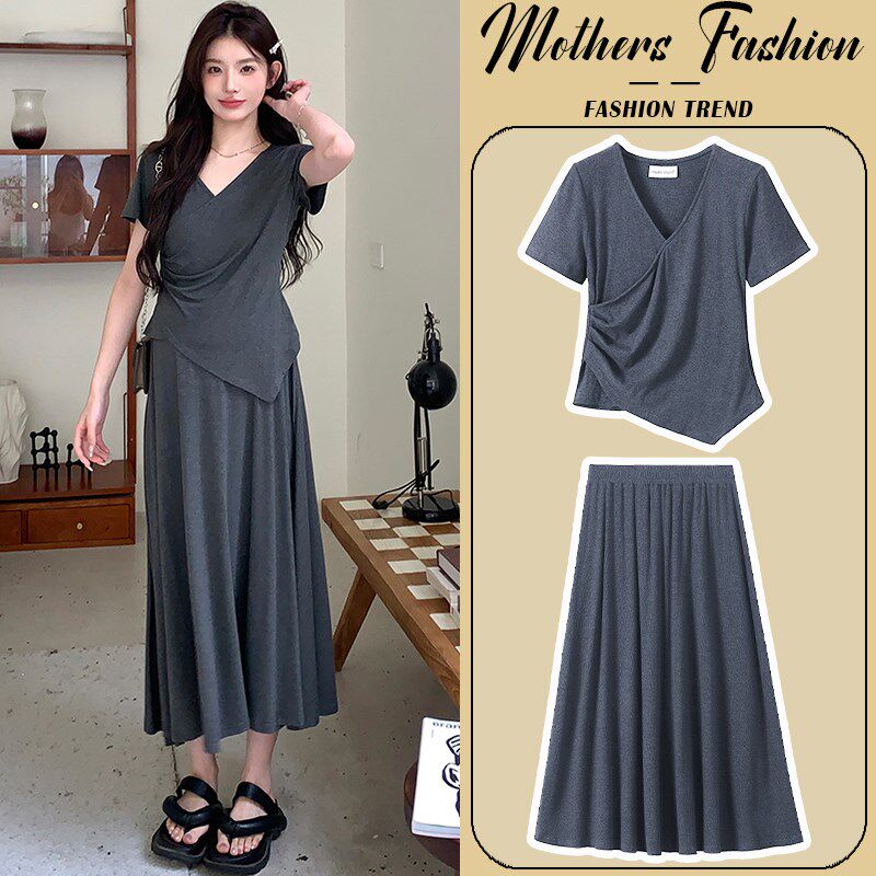 孕妇套装2025新款夏季时尚洋气时髦灰色短袖薄款上衣半身裙两件套