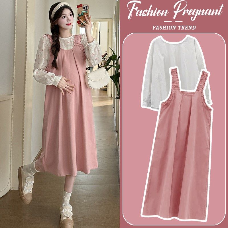 孕妇连衣裙套装时尚洋气时髦中长款宽松背带裙两件套2024新款春秋