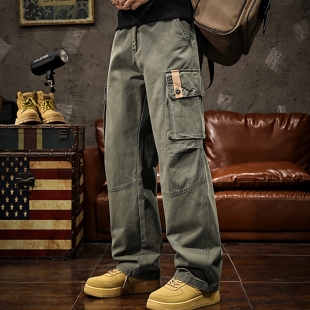 美式高端潮牌工装裤男2026夏季季新款军绿色户外宽松直筒休闲裤子
