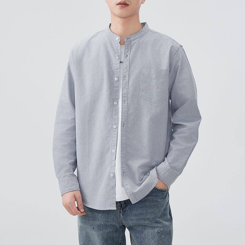 无界长袖衬衫男士2026年春季新款重磅纯棉立领上衣休闲衬衣外套男