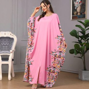 3422中东穆斯林蝙蝠袖 阿拉伯服饰印花abaya连衣裙 跨境外贸女装