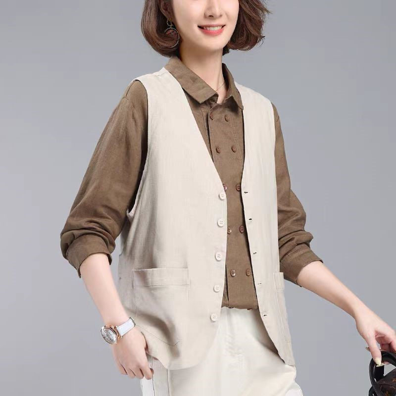 官图棉麻马甲女短款2025春夏韩版中年妈妈复古坎肩马夹外穿薄背心