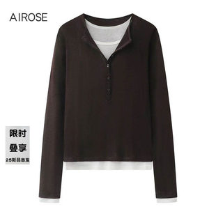 2026春新款艾诺丝时尚百搭撞色拼接圆领假两件针织衫女上衣601155