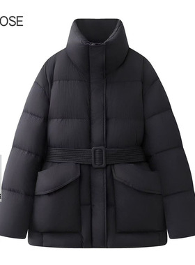 2025冬新款艾诺丝时尚百搭立领中长款腰带面包羽绒服外套女004154